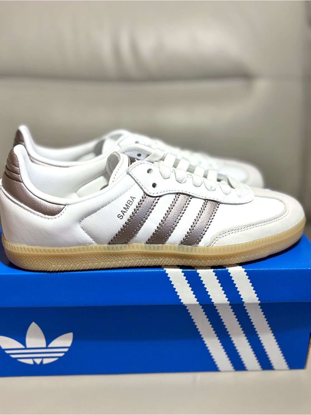 adidas White Samba Sneakers with Metallic Bronze Stripes